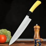 نمای بسته بندی چاقو آشپزخانه با تیغه فولاد ضدزنگ و دسته پلاستیک هونگ ژیان مدل کامفورت کلاسیک برچسب و بسته بندی