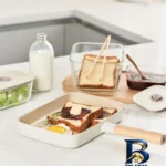 نمای بسته بندی تابه نیوفلیم نچسب با در شیشه ای و دسته چوبی برچسب و بسته بندی
