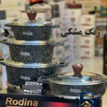 نمای بسته بندی سرویس قابلمه و تابه آلومینیوم گرانیت ۸ پارچه رودینا کد ۰۸ برچسب و بسته بندی