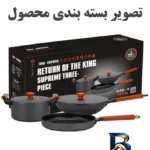 نمای بسته بندی سرویس چدنی قابلمه و تابه ۵ پارچه مدل Love Cooking برچسب و بسته بندی