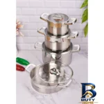 نمای بسته بندی سرویس قابلمه و تابه استیل ۸ پارچه کروپ ست کد 5001 برچسب و بسته بندی
