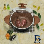 نمای جزئیات قابلمه اویز گرانیتی با در شیشه ای و دسته باکالیتی پرداخت و جزئیات مواد