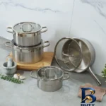 نمای جزئیات سرویس قابلمه و تابه استیل ۸ پارچه عرشیا مدل SS۰۱۴-۲۷۶۷ اصل پرداخت و جزئیات مواد