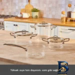 نمای جزئیات سرویس قابلمه بوروسیلیکاتی ۷ پارچه کاراجا مدل Amore Borosilikat پرداخت و جزئیات مواد