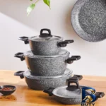 نمای جزئیات سرویس قابلمه و تابه بیوگرانیتی ۹ پارچه کاراجا مدل Biogranit Grey Stone پرداخت و جزئیات مواد