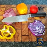 نمای جلو سرویس چاقو آشپزخانه ۵ پارچه کوکینگ فلیم مدل SW Pro ۵ با استند طراحی و جزئیات کلیدی
