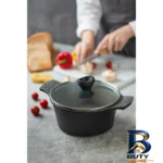نمای بسته بندی قابلمه تکنو ونوس با روکش گرانیت و در شیشه ای برچسب و بسته بندی