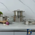 نمای بسته بندی سرویس قابلمه و تابه استیل ۸ پارچه عرشیا مدل SS۰۱۴-۲۷۶۷ اصل برچسب و بسته بندی