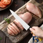 نمای بسته بندی چاقو آشپزخانه با تیغه فولاد ضدزنگ و دسته پلاستیک هونگ ژیان مدل کامفورت کلاسیک برچسب و بسته بندی