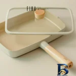 نمای جلو تابه نیوفلیم نچسب با در شیشه ای و دسته چوبی طراحی و جزئیات کلیدی