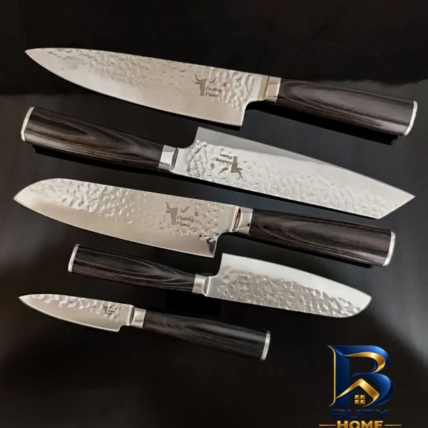 نمای بسته بندی سرویس چاقو آشپزخانه ۵ پارچه کوکینگ فلیم مدل SW Pro 5 برچسب و بسته بندی