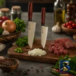 نمای بسته بندی سرویس چاقو آشپزخانه ۲ پارچه با تیغه استیل و دسته چوبی الماس زنجان مدل p-۰۲ اصل برچسب و بسته بندی