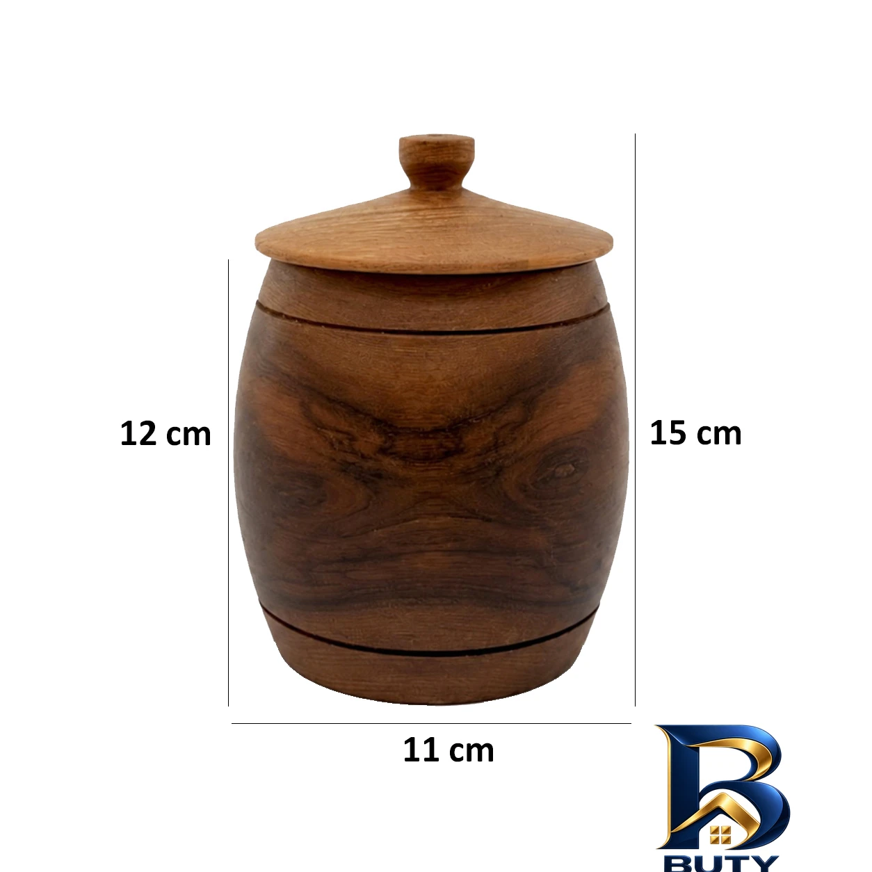 نمای بسته بندی بانکه چوب گردو طرح خمره ای مجموعه ۷ عددی برچسب و بسته بندی