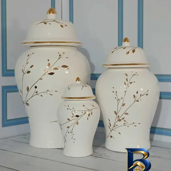 نمای بسته بندی بانکه مدل جینجر جار طرح گل های بهاری کد ۳۹۱ مجموعه سه عددی برچسب و بسته بندی