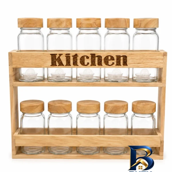 نمای بسته بندی ست جا ادویه ۱۰ پارچه مدل KITCHEN با استند برچسب و بسته بندی