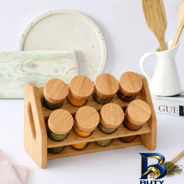 نمای بسته بندی جای ادویه ۸ پارچه مدل راشا با استند برچسب و بسته بندی