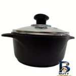نمای بسته بندی قابلمه عروس چدن با روکش سرامیکی و در پیرکس برچسب و بسته بندی