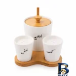 نمای بسته بندی نمکدان و فلفل پاش شکرریز ووکا مدل مهگل مجموعه ۳ عددی برچسب و بسته بندی