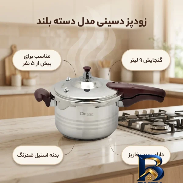 نمای بسته بندی زودپز دسینی با گنجایش و دستگیره بلند برچسب و بسته بندی