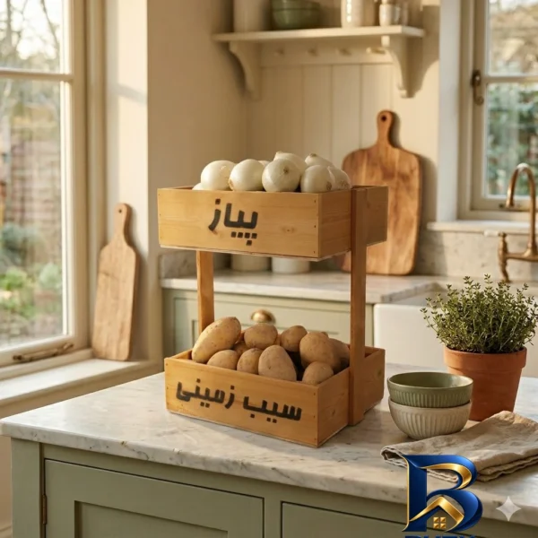 نمای بسته بندی سبد آشپزخانه فلزی با دسته بامبو Safe carry برچسب و بسته بندی