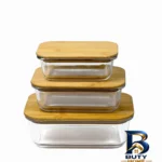 نمای بسته بندی ظرف نگهدارنده شیشه ای مدل مستطیل مناسب برای یخچال مجموعه 3 عددی برچسب و بسته بندی