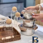 نمای بسته بندی ظرف نگهدارنده استیل مدل چفتی مناسب برای یخچال بسته ۳ عددی برچسب و بسته بندی