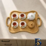 نمای بسته بندی سینی چوبی دسته دار مدل منحنی سایز 43* 29 سانتی متر برچسب و بسته بندی