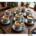 نمای بسته بندی سرویس قهوه خوری ۴ پارچه ۲ نفره مدل ابریشم کد ۰۱ برچسب و بسته بندی