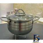 نمای بسته بندی قابلمه استیل دستیلوکس با طراحی زیبا و مقاوم برچسب و بسته بندی