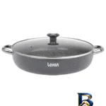 نمای بسته بندی تابه گرانیتی لاوان با در پیرکس و دسته استیل برچسب و بسته بندی