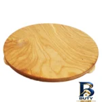 نمای بسته بندی سینی سرو گرد پایه دار چوبی پلی وود چندلایه با ابعاد 25×25×5 سانتی متر برچسب و بسته بندی