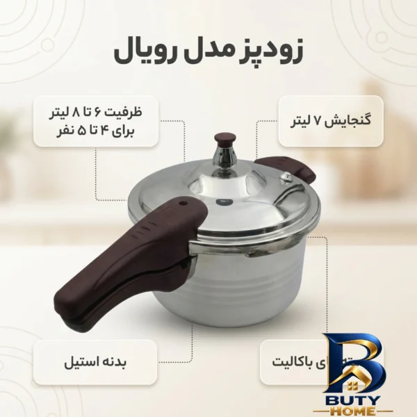 نمای بسته بندی زودپز استیل رویال با ظرفیت برچسب و بسته بندی