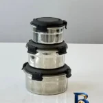 نمای بسته بندی ظرف نگهدارنده استیل مدل دربدار مناسب برای یخچال بسته ۳ عددی برچسب و بسته بندی