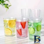 نمای بسته بندی لیوان لیمون مدل شیاردار کد 350Ml بسته ۳ عددی برچسب و بسته بندی
