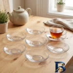 نمای بسته بندی نعلبکی شیشه ای سری اسکاردار کد 650 بسته 6 عددی برچسب و بسته بندی