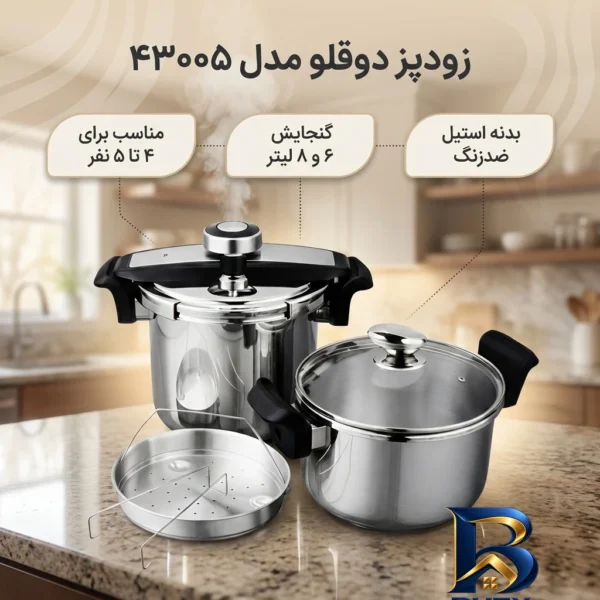 نمای بسته بندی زودپز دوقلو استیل با ظرفیت بالا و طراحی مدرن برچسب و بسته بندی