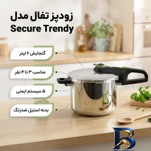 نمای بسته بندی زودپز تفال با گنجایش و بدنه استیل برچسب و بسته بندی