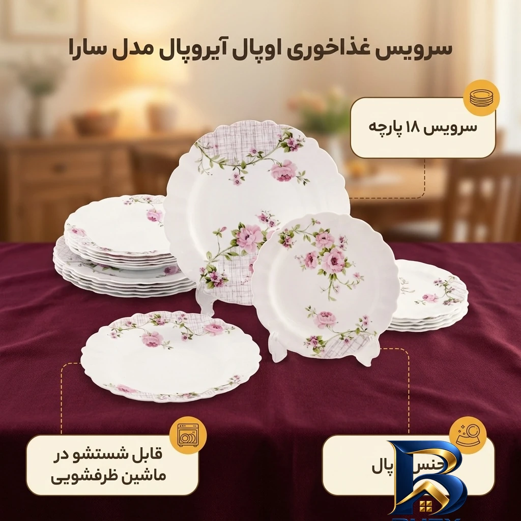 نمای بسته بندی سرویس غذاخوری اوپال ۱۸ پارچه ۶ نفره مدل سارا آیروپال برچسب و بسته بندی