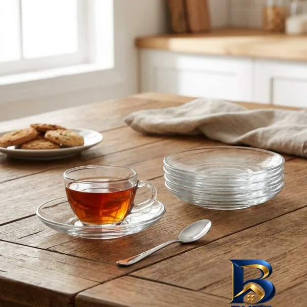 نمای بسته بندی نعلبکی شیشه ای پاشاباغچه کد 54201 بسته 6 عددی برچسب و بسته بندی