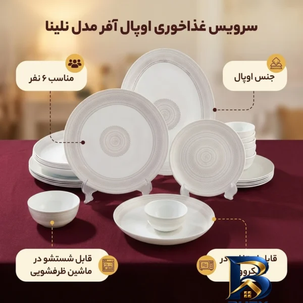 نمای بسته بندی سرویس غذاخوری اوپال ۲۵ پارچه ۶ نفره مدل نلینا برچسب و بسته بندی