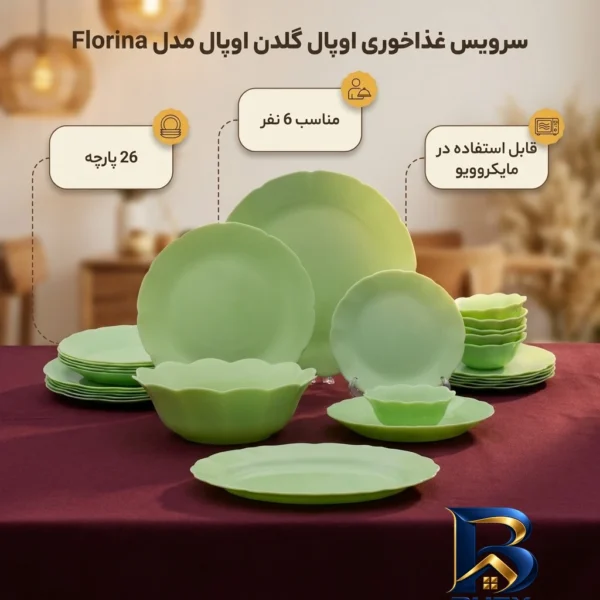 نمای بسته بندی سرویس غذاخوری اوپال ۲۶ پارچه ۶ نفره مدل گلدن Florina برچسب و بسته بندی