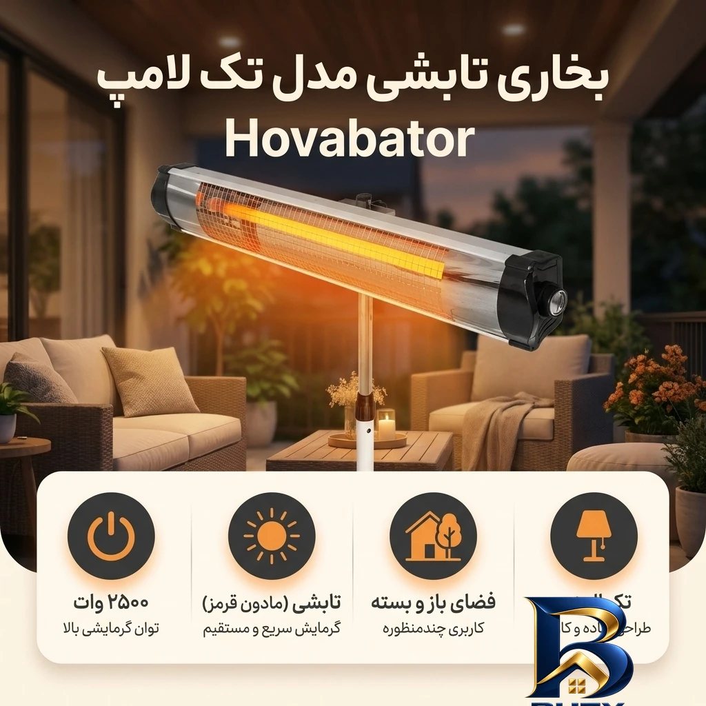 نمای بسته بندی بخاری تابشی تک لامپ مدل Hovabator برچسب و بسته بندی