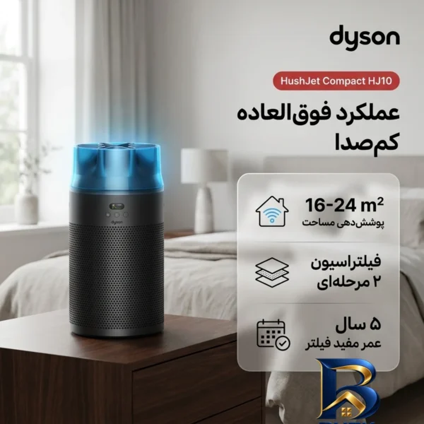 نمای کناری دستگاه تصفیه کننده هوا خانگی ۲مرحله ای دایسون مدل HushJet Compact HJ۱۰ اصل عمق قاب و پروفایل