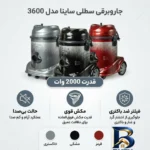 نمای بسته بندی جاروبرقی سطلی ساینا مدل 3600 با قدرت 2000 وات برچسب و بسته بندی