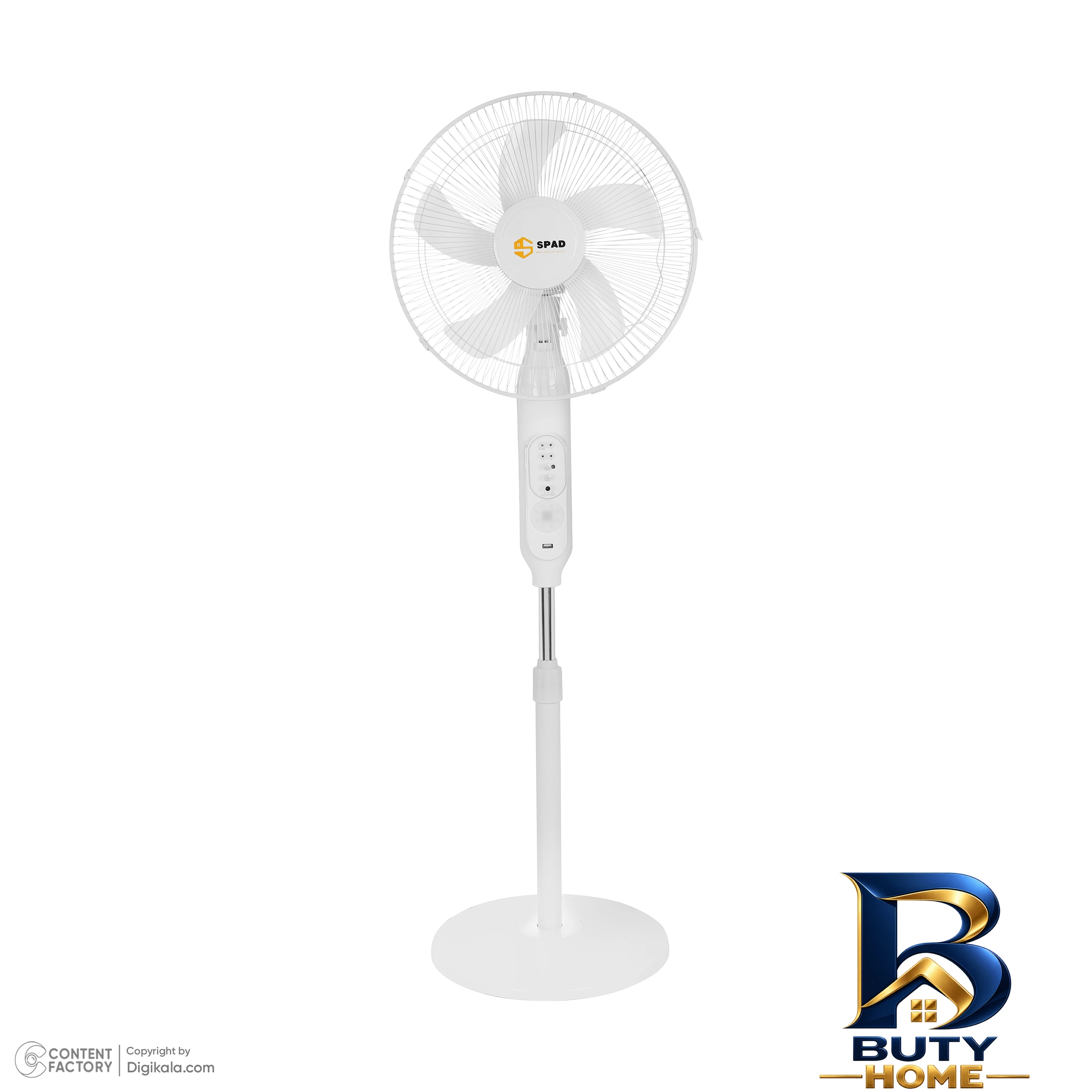 نمای بسته بندی پنکه ایستاده 25 وات اسپاد مدل SOLAR_FAN با پنل خورشیدی برچسب و بسته بندی