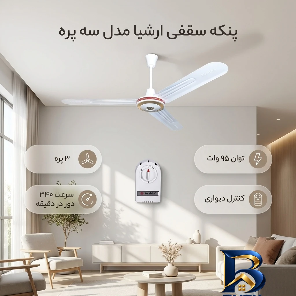 نمای بسته بندی پنکه سقفی ارشیا مدل سه پره با طراحی زیبا برچسب و بسته بندی