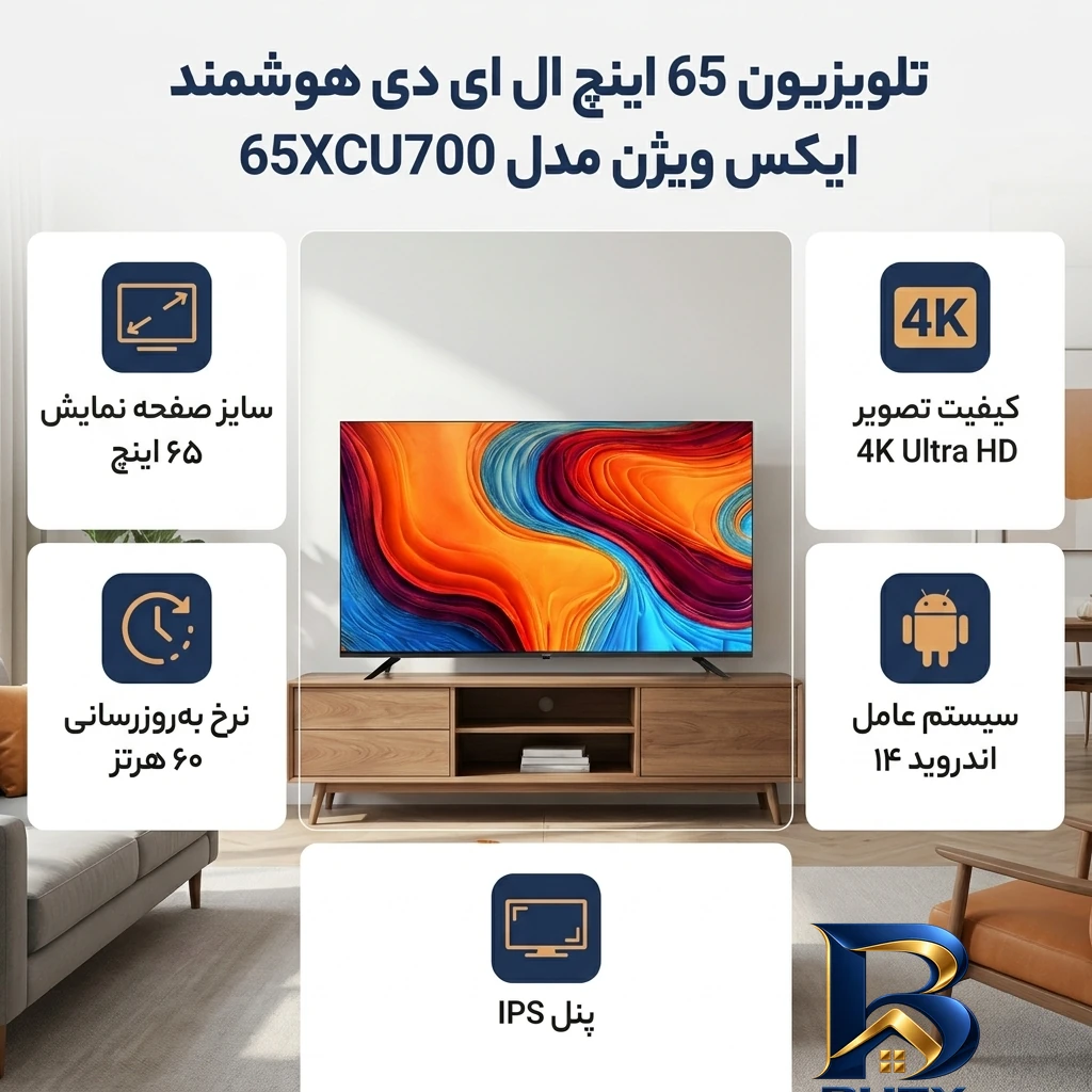 نمای بسته بندی تلویزیون ۶۵ اینچ ال ای دی هوشمند ایکس ویژن مدل ۶۵XCU۷۰۰ اصل برچسب و بسته بندی