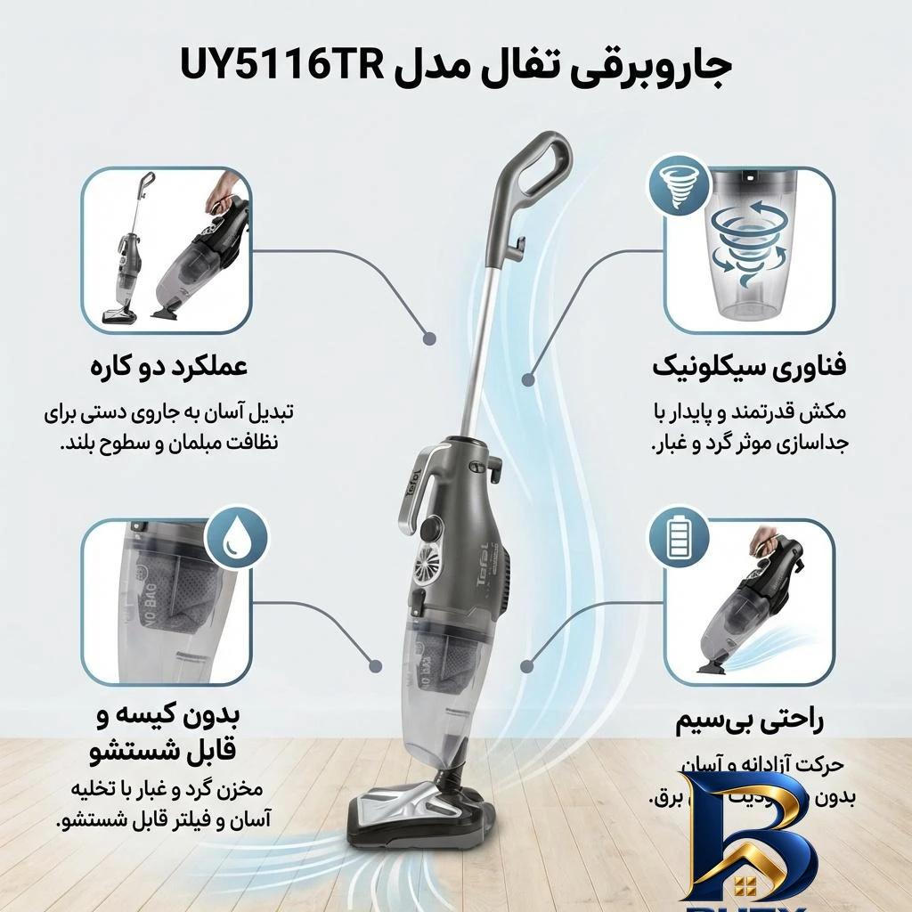 نمای بسته بندی جاروبرقی تفال مدل UY۵۱۱۶TR اصل برچسب و بسته بندی