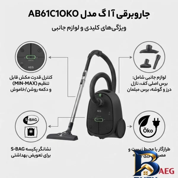نمای بسته بندی جاروبرقی آ ا گ مدل AB۶۱C۱OKO اصل برچسب و بسته بندی
