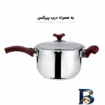 نمای بسته بندی زودپز استیل با سبد بخارپز و دریچه اطمینان فشار برچسب و بسته بندی